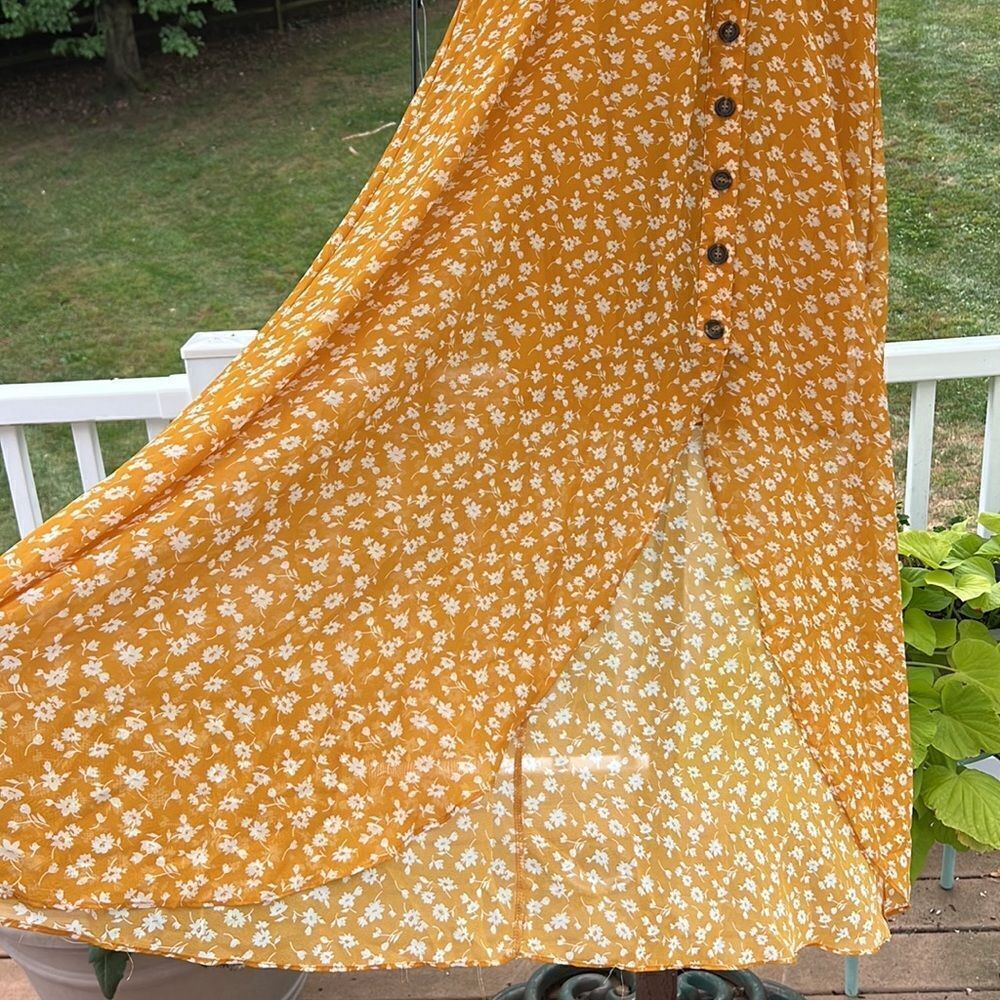 Lulus Women’s XL mustard yellow floral midi flowing dress NWOT boho prairie core - Picture 5 of 16
